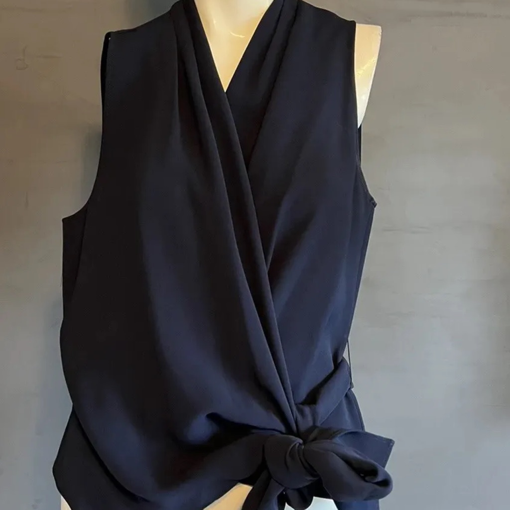 Lafayette 148 New York "Elliana" Drape Cloth Wrap Navy Blouse Xl Nwt